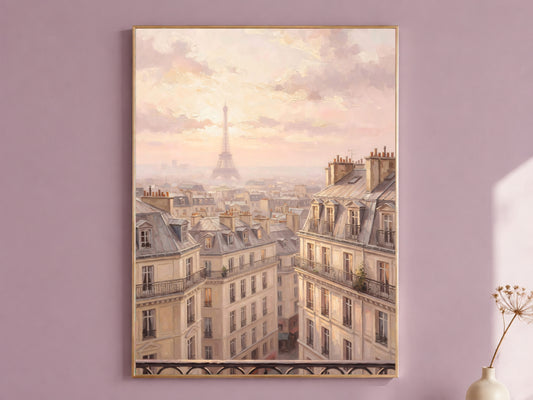 Paris Rooftops Painting Print, Pink Paris Balcony View Art, Pastel Parisian Skyline Wall Art, Printable Digital Download