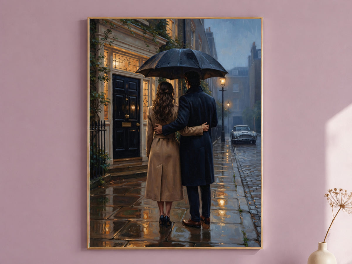 Romantic Couple Wall Art, Rainy London Street Oil Painting Print - Digital Download