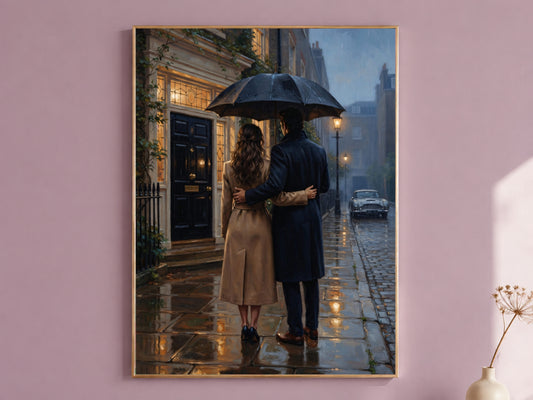Romantic Couple Wall Art, Rainy London Street Oil Painting Print - Digital Download