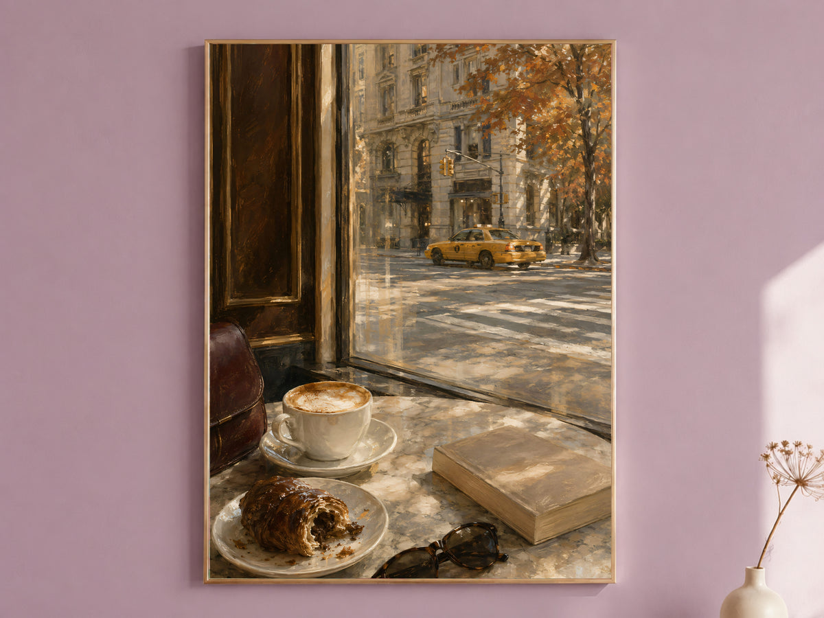 Autumn in New York Wall Art, Cozy Cafe Print, NYC Coffee Shop Painting - Digital Download