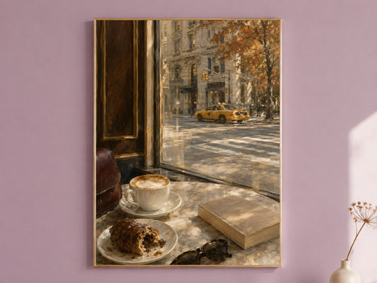 Autumn in New York Wall Art, Cozy Cafe Print, NYC Coffee Shop Painting - Digital Download