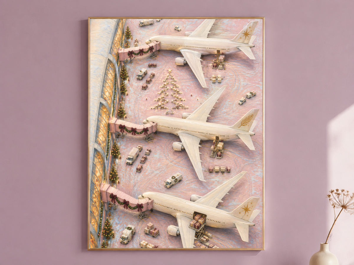 Framed pink Christmas airport painting on mauve wall, blush planes on tarmac