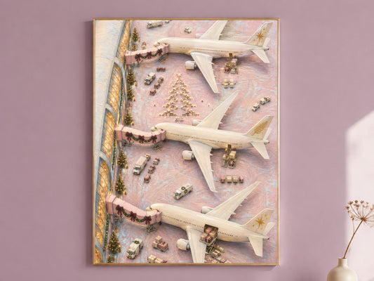 Framed pink Christmas airport painting on mauve wall, blush planes on tarmac