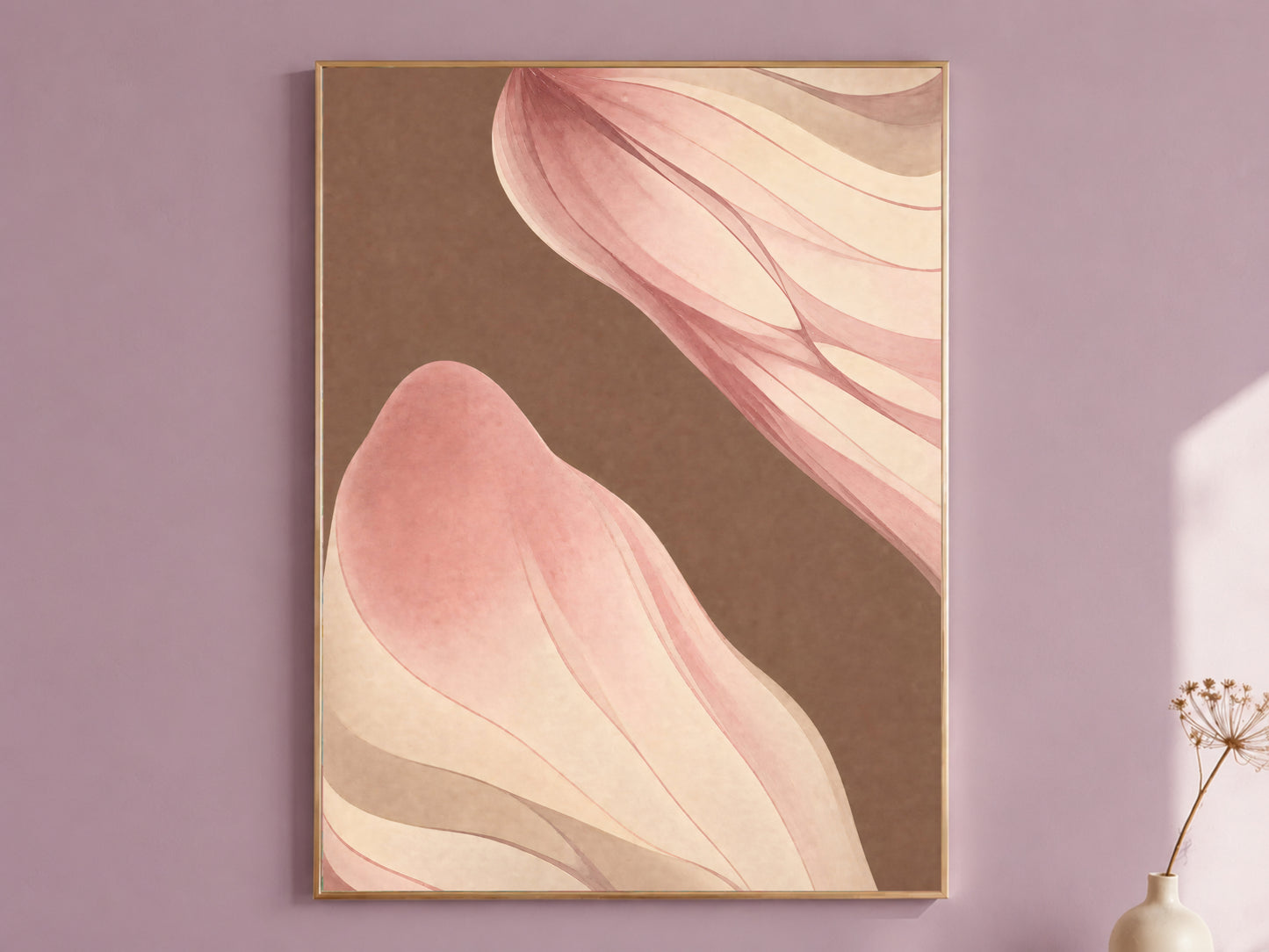 Mocha abstract ribbon wall art print in a gold frame on a mauve wall, digital download
