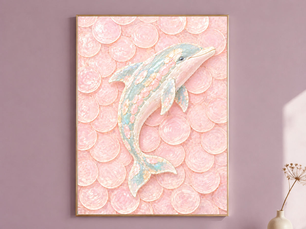 Pink Dolphin Mosaic Wall Art, Pastel Capiz Shell Print - Digital Download