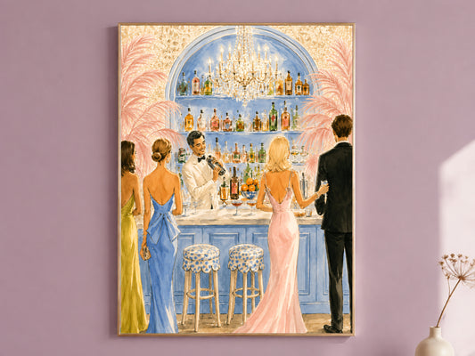 Riviera Cocktail Bar Wall Art, Preppy Pink Watercolor Print - Digital Download