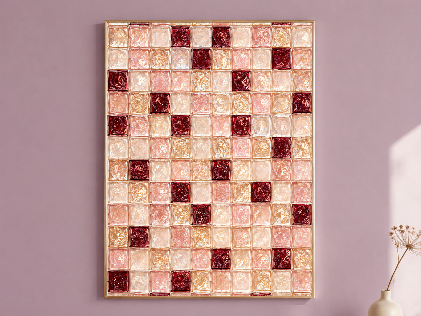Ruby red and blush pink glass mosaic wall art in a gold frame on a mauve wall