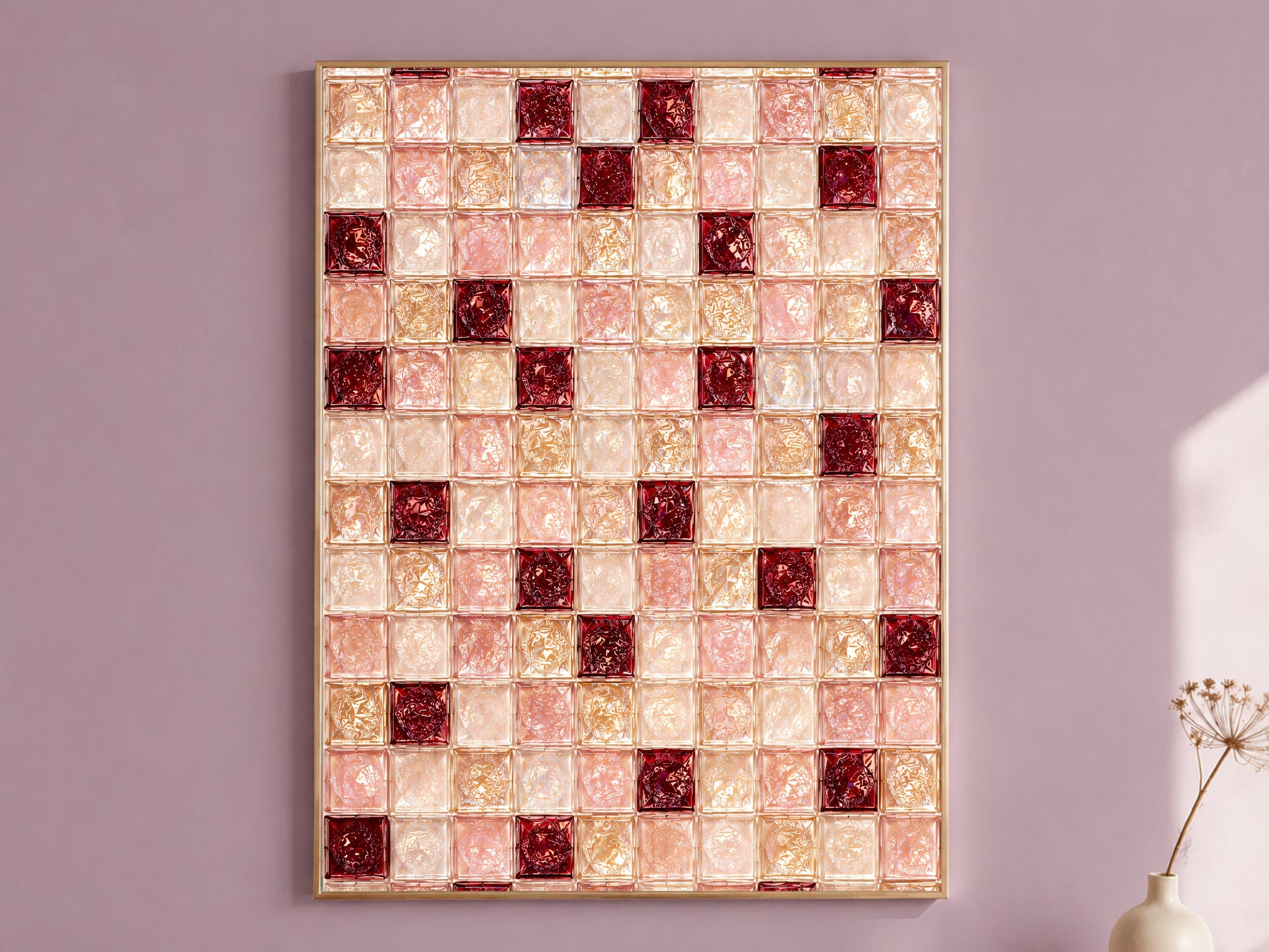 Ruby red and blush pink glass mosaic wall art in a gold frame on a mauve wall