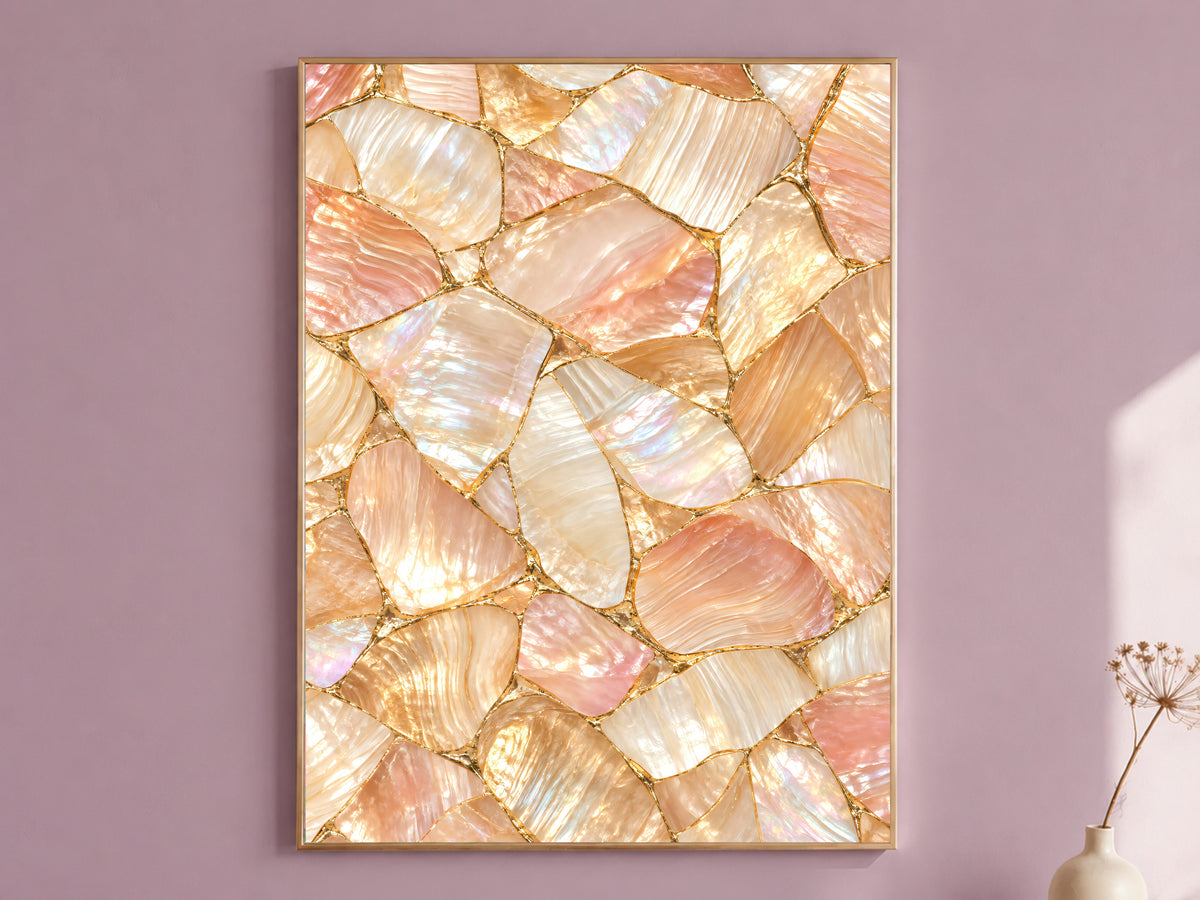 Peach Mother of Pearl Wall Art, Apricot Shell Mosaic Print, Gold Kintsugi, Warm Blush Bedroom Decor, Riviera Summer Poster, Instant Download