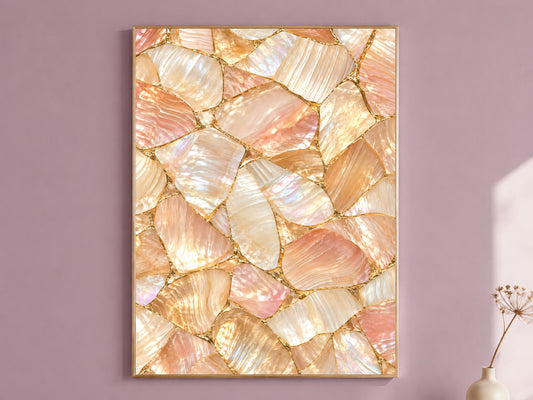 Peach Mother of Pearl Wall Art, Apricot Shell Mosaic Print, Gold Kintsugi, Warm Blush Bedroom Decor, Riviera Summer Poster, Instant Download