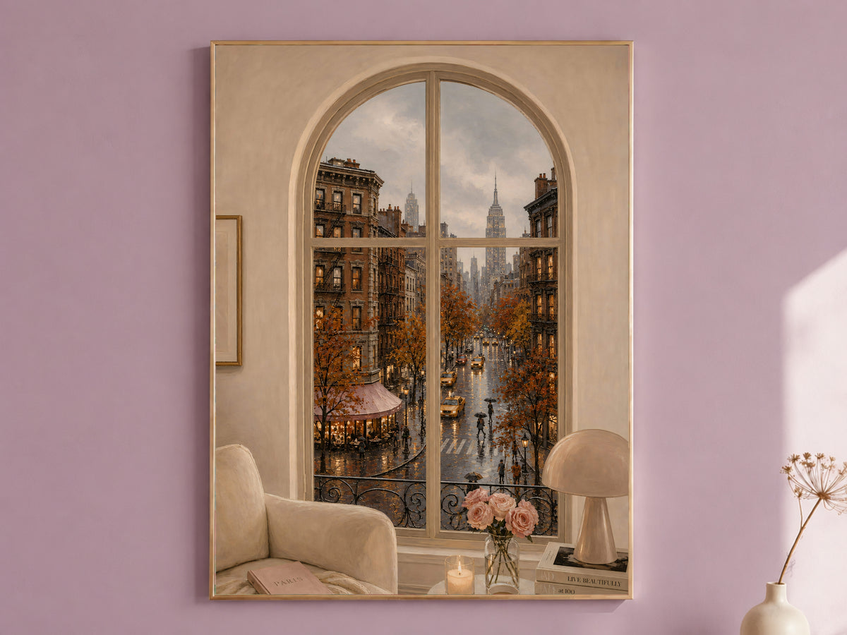 New York Window Wall Art, Rainy Empire State Building View Print - Digital Download