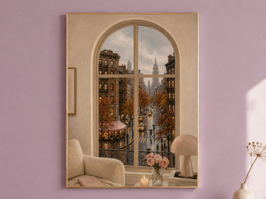 New York Window Wall Art, Rainy Empire State Building View Print - Digital Download