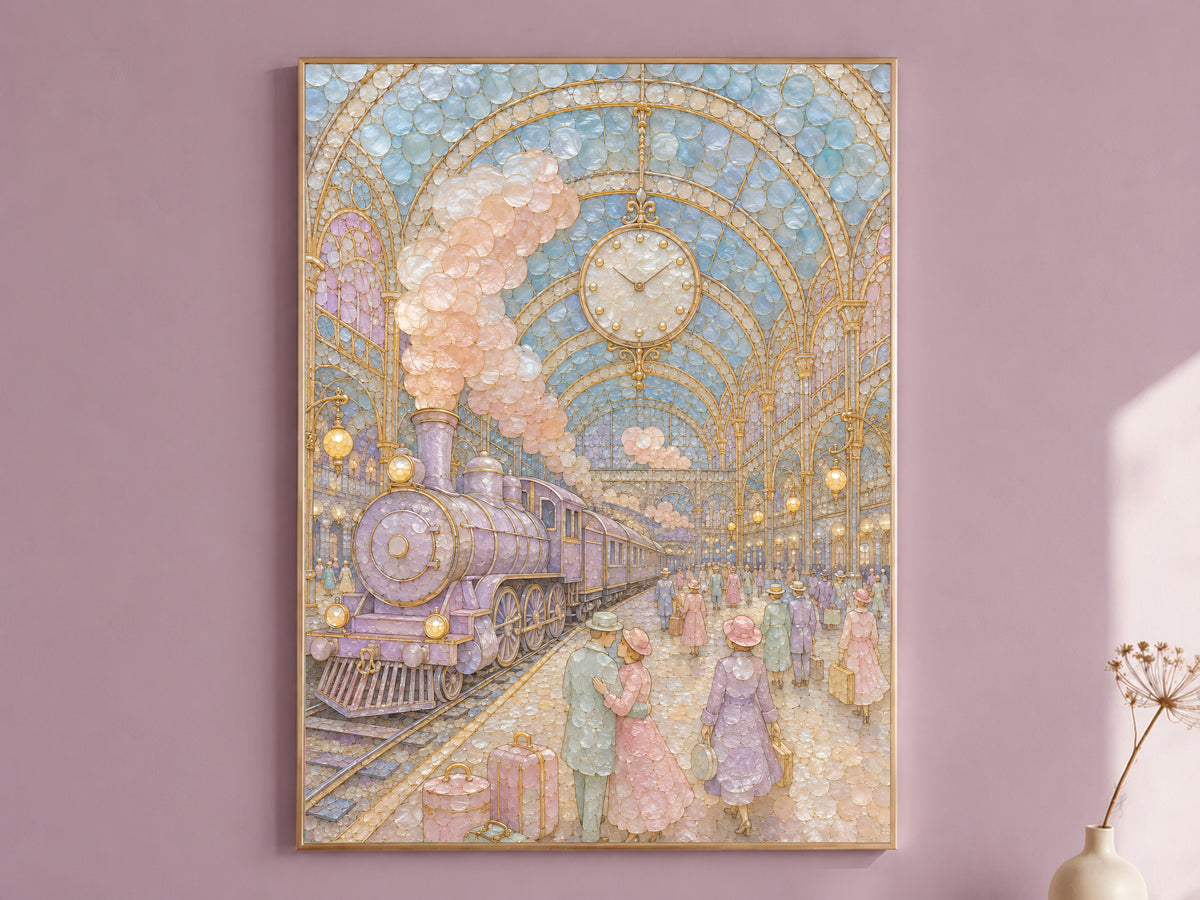 Pastel Vintage Train Station Wall Art, Whimsical Mosaic Print - Digital Download