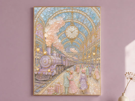 Pastel Vintage Train Station Wall Art, Whimsical Mosaic Print - Digital Download