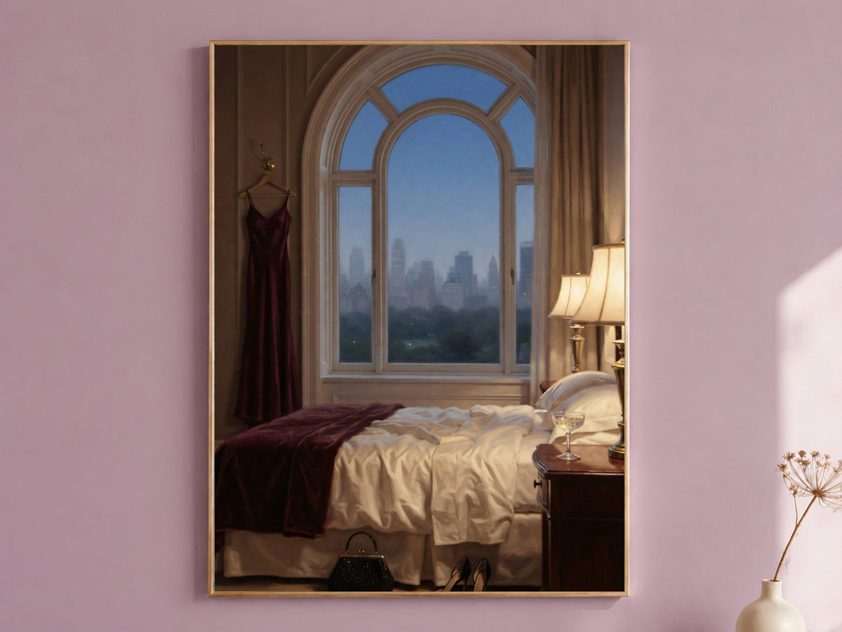 Old Money Bedroom Painting Print, City View Window Art, Moody Burgundy Wall Art, Printable Digital Download