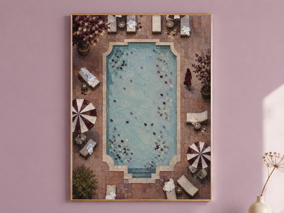 Aerial pool wall art print in gold frame on mauve wall, Italian riviera painting
