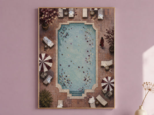 Aerial pool wall art print in gold frame on mauve wall, Italian riviera painting