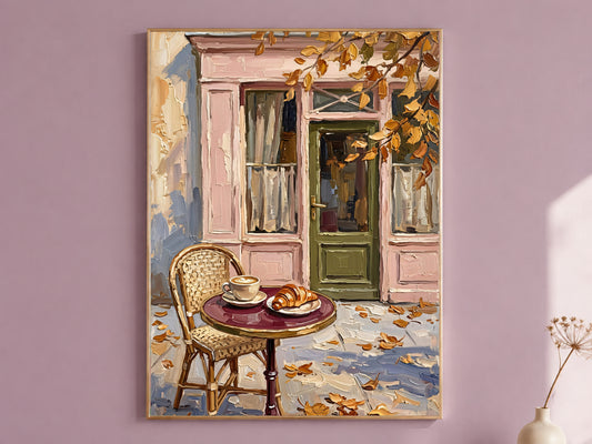 Parisian Cafe Painting Print, Autumn French Bistro Wall Art with Coffee and Croissant, Pink Storefront, Printable Digital Download