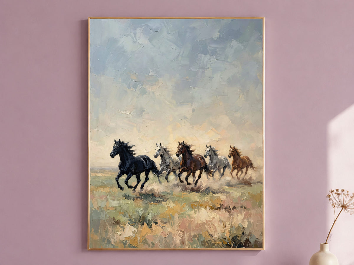 Wild Horses Running Wall Art, Impasto Oil Painting Print - Digital Download