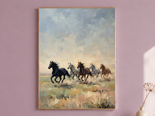 Wild Horses Running Wall Art, Impasto Oil Painting Print - Digital Download