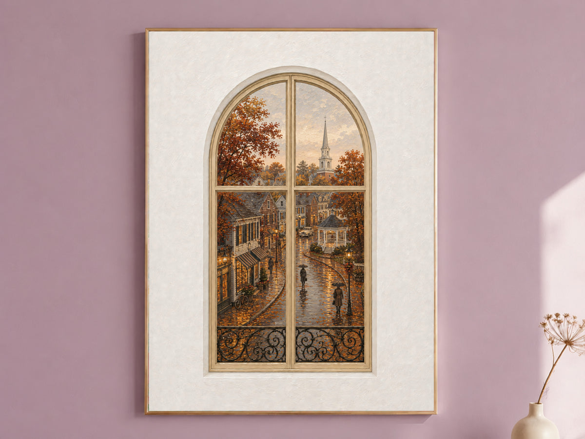 Autumn Village Window Wall Art, Rainy Main Street Church Print - Digital Download