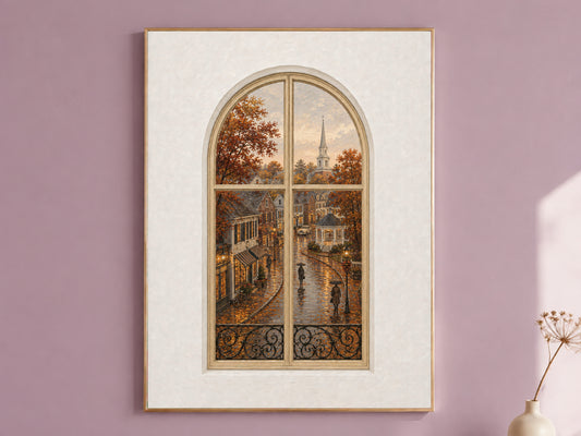 Autumn Village Window Wall Art, Rainy Main Street Church Print - Digital Download