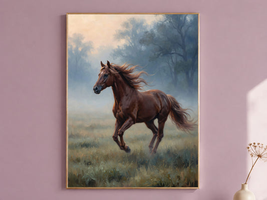 Chestnut Horse Wall Art, Running Horse Oil Painting Print - Digital Download