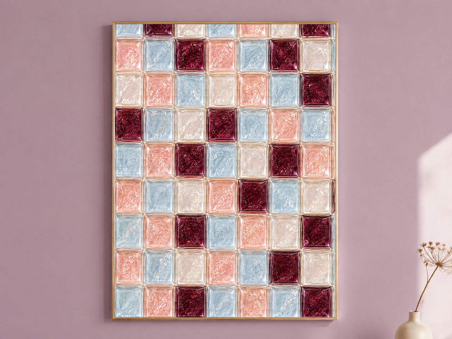 Powder blue and blush pink glass tile wall art in a gold frame on a mauve wall