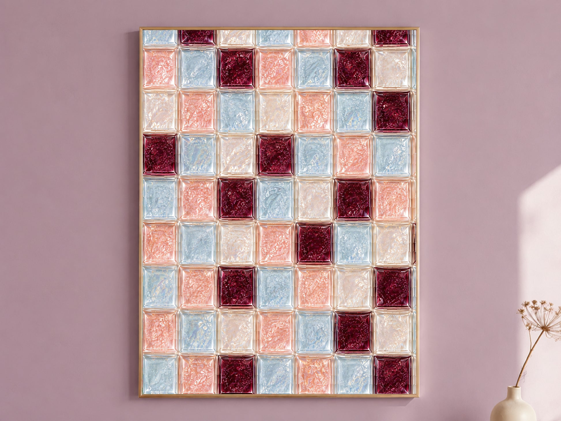 Powder blue and blush pink glass tile wall art in a gold frame on a mauve wall