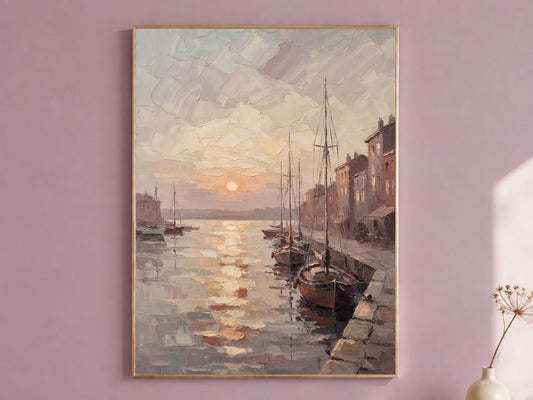Harbor Sunset Wall Art, Impasto Oil Painting Print - Digital Download