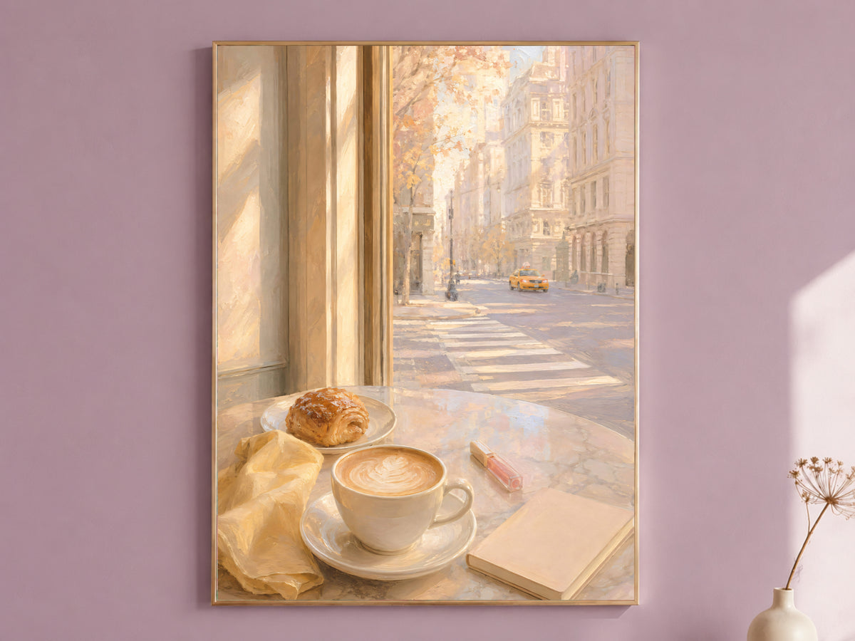 Cafe Window Wall Art, Light Academia Print, Pastel Morning Coffee Painting - Digital Download