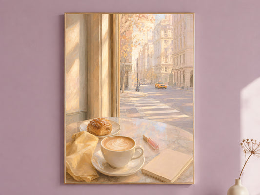 Cafe Window Wall Art, Light Academia Print, Pastel Morning Coffee Painting - Digital Download