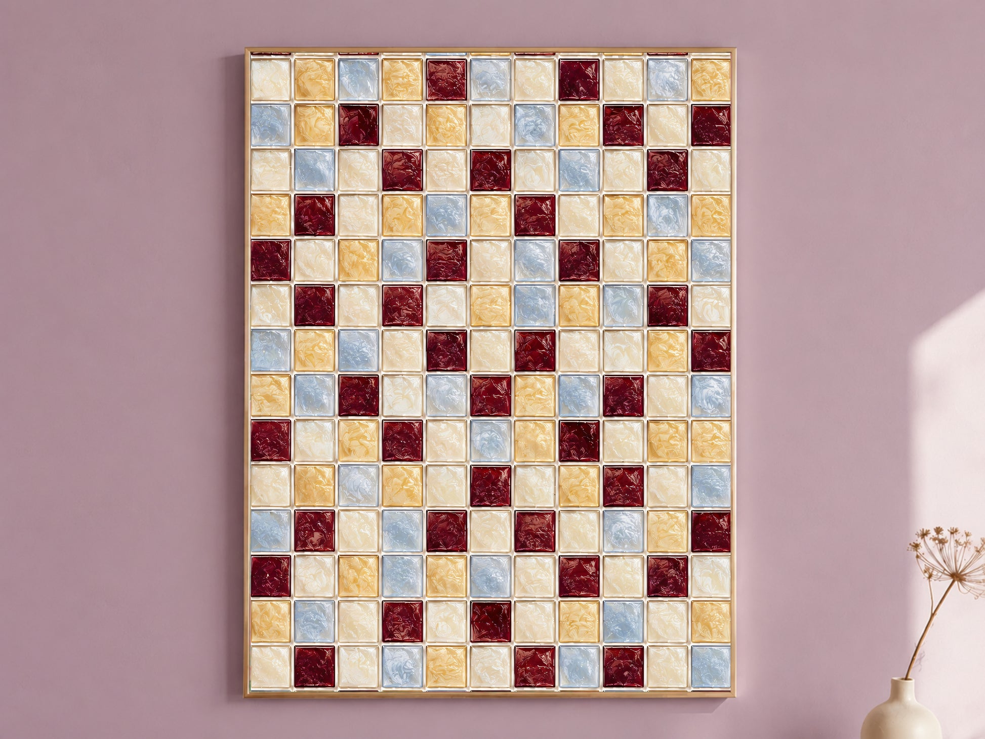 Framed burgundy, gold, and powder blue mosaic tile pattern wall art print hanging on a mauve wall