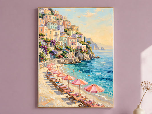 Positano Wall Art, Amalfi Coast Beach Club Oil Painting Print - Digital Download