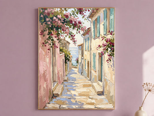 Mediterranean Street Painting Print, Pink Bougainvillea Alley with Sea View, Coastal Village Wall Art, Printable Digital Download
