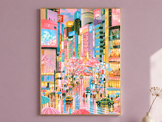 Tokyo Rain Cherry Blossom Wall Art, Pastel Shibuya Street Painting, Pink Japan City Print, Printable Digital Download