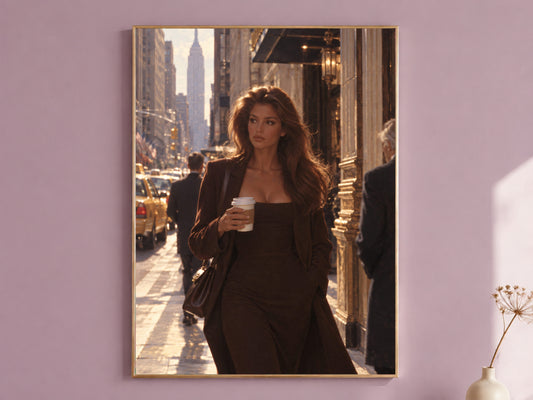 New York City Girl Wall Art, Woman with Coffee Painting, Warm Brown Fashion Print, Digital Download
