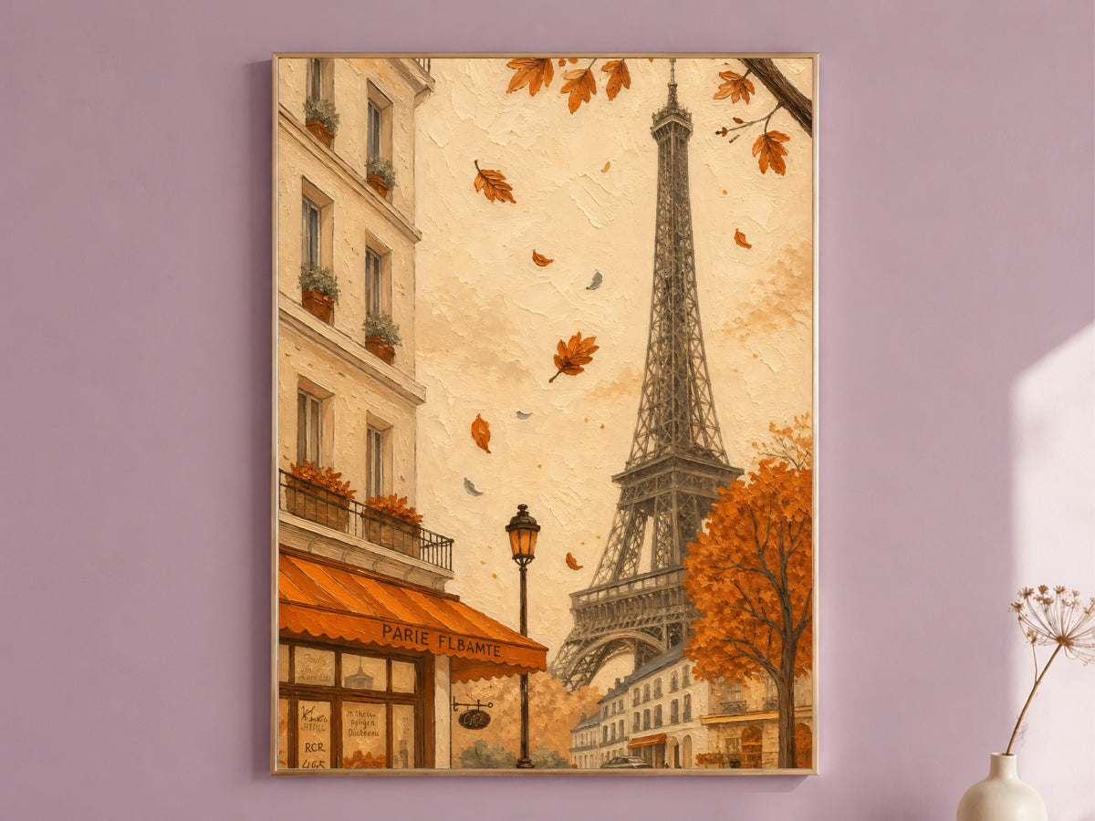 Paris cafe autumn wall art with Eiffel Tower in a mauve living room