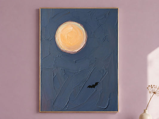 Moon and Bat Wall Art, Impasto Oil Painting Print - Digital Download