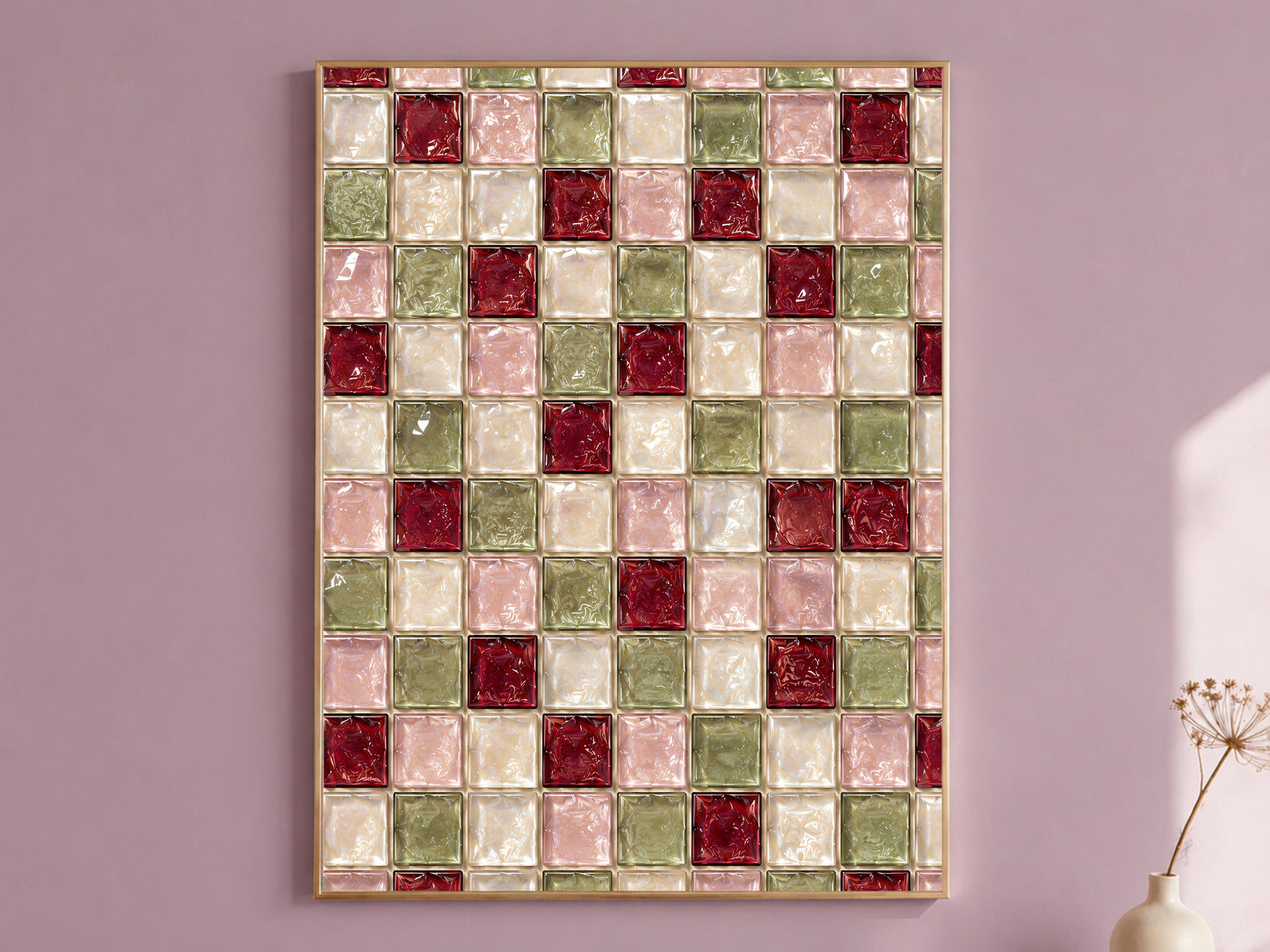 Christmas Mosaic Wall Art, Red Green Glass Tile Print - Digital Download