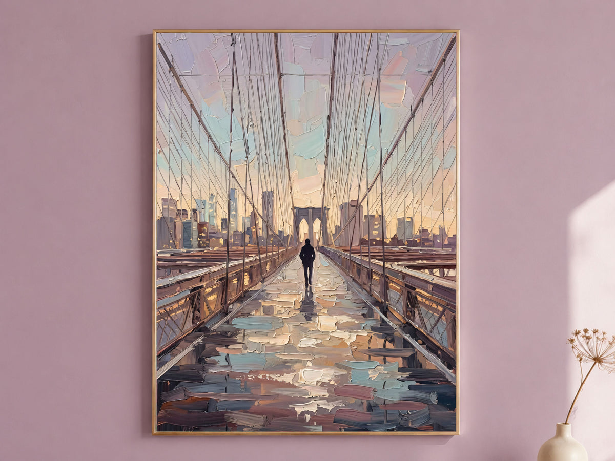 Brooklyn Bridge Wall Art, Impasto Oil Painting Print - Digtal Download