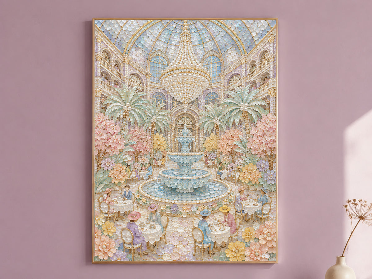 Pastel Garden Courtyard Wall Art, Whimsical Mosaic Fountain Print - Digital Download
