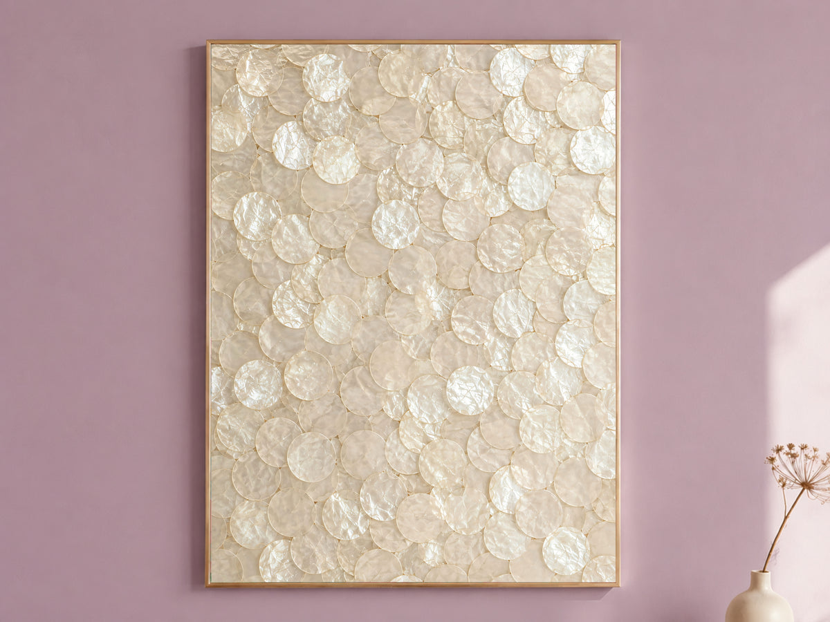 Capiz shell wall art print with champagne texture in a mauve living room