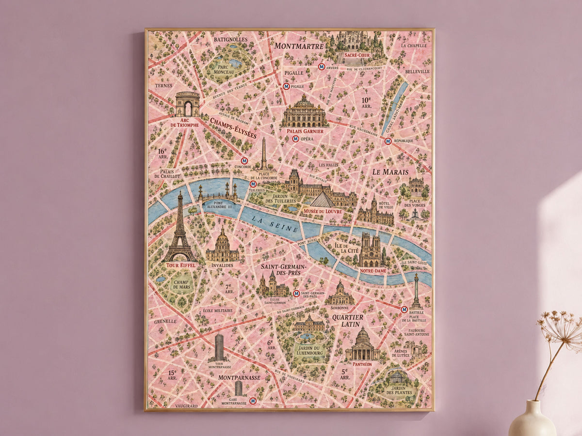 Paris Map Wall Art, Illustrated City Map Print - Digital Download