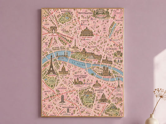 Paris Map Wall Art, Illustrated City Map Print - Digital Download