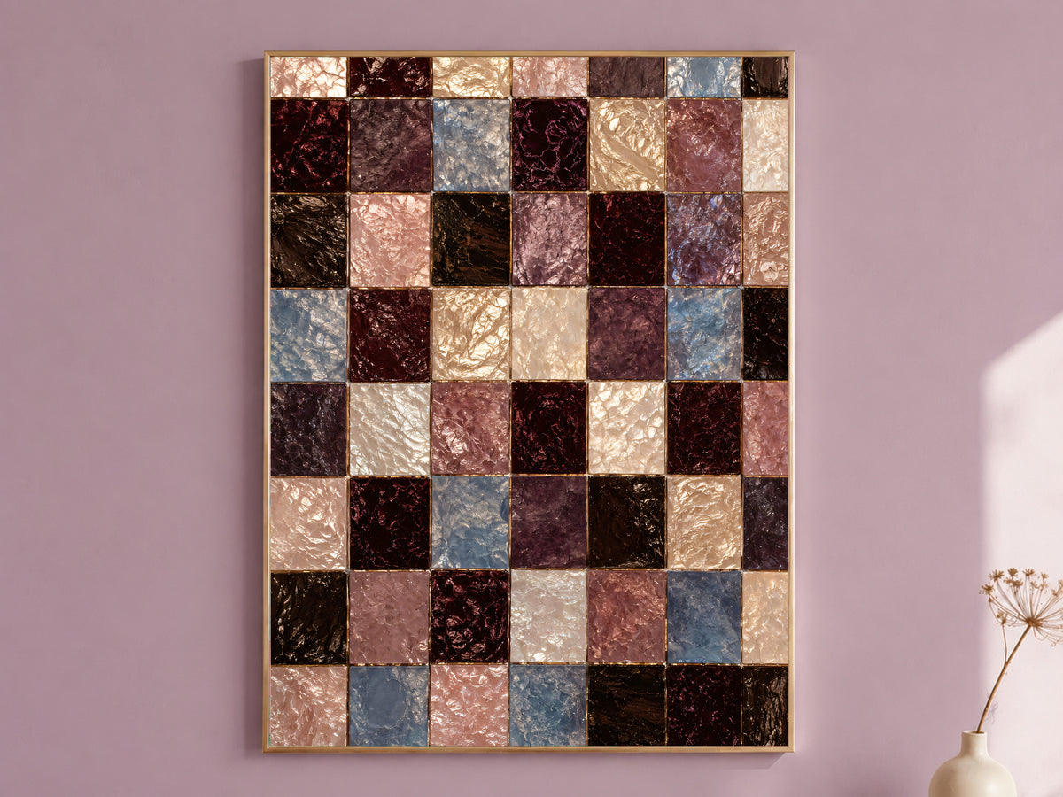 Moody mosaic wall art print of a dark academia checkerboard tile pattern framed in gold, hung on a dusty mauve wall