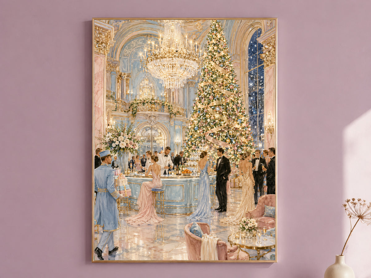 Elegant Christmas Wall Art, Grand Hotel Ballroom Print - Digital Download