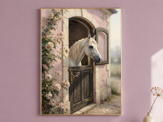 White Horse Wall Art, Cottagecore Stable Door Oil Painting Print - Digital Download