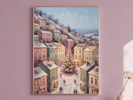 Scandinavian Christmas Wall Art, Pastel Town Square Print - Digital Download