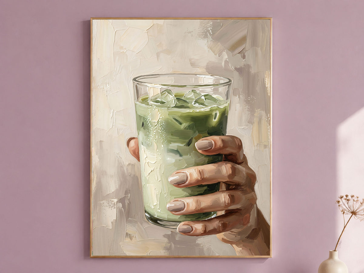 Matcha Latte Wall Art, Impasto Oil Painting Print - Digital Download